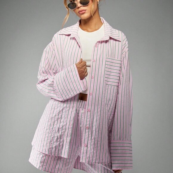 Pink Casual Women's Striped Loungewear Button down top & shorts Coord set - Picture 4 of 6
